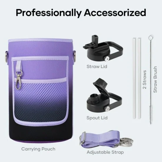 Buzio Duet Series Water Bottle with 2 Lids and Sleeve 1.9L - Purple Black